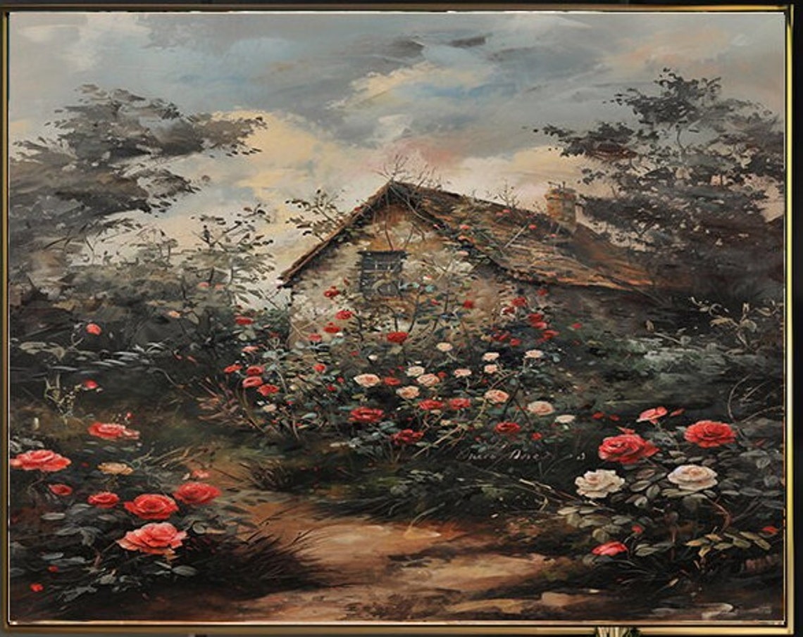 Rose Covered Cottage at Dusk Garden Path Muted Moody Sky Poster - Image 2