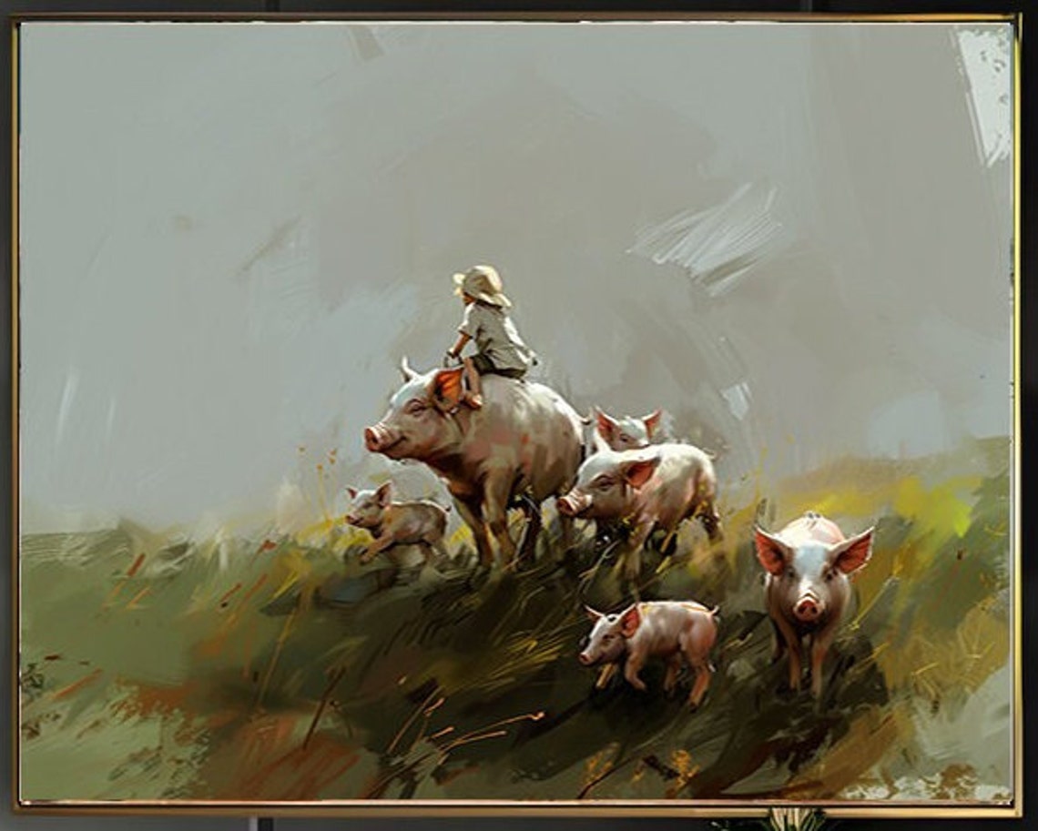 Little Boy Riding Sow Down Hill with Piglets Painting Poster - Image 2