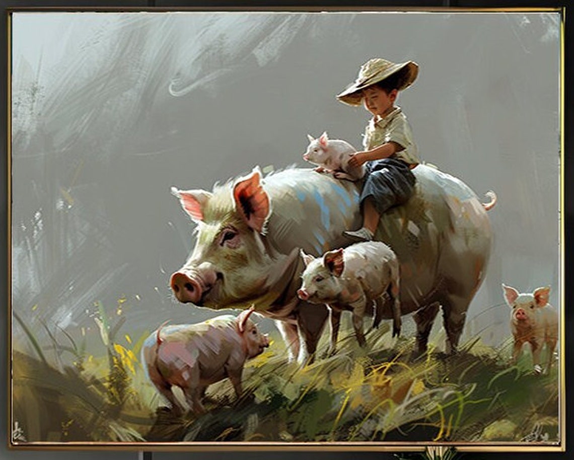 Boy in Straw Hat Riding a Big Pig with Piglets Painting Poster - Image 2