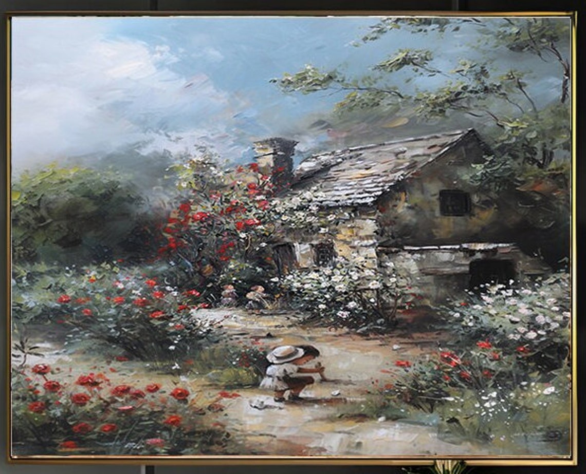 Two Children Playing in Stone Cottage Garden Red Rose Bushes Poster - Image 2