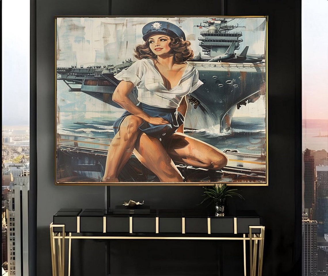 1950s Pinup Girl Vintage Painting Pin Up Girl Art Print Military Pinup Poster Art L Oil Panting L 5 Sizes Available L 013