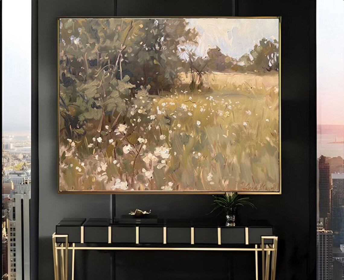 Wildflower Meadow Landscape in Vintage Oil Painting Wall Art