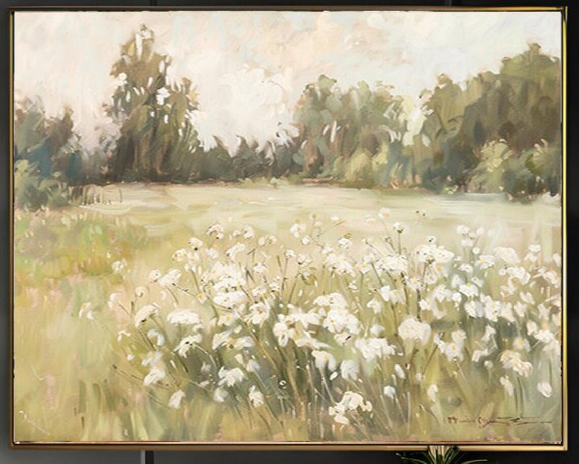 White Wildflower Meadow with Tall Trees Pastoral Painting Poster - Image 2