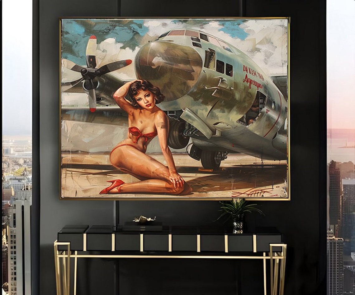 1950s Pinup Girl Vintage Painting Pin Up Girl Art Print Military Pinup Poster Art L Oil Panting L 5 Sizes Available L 011