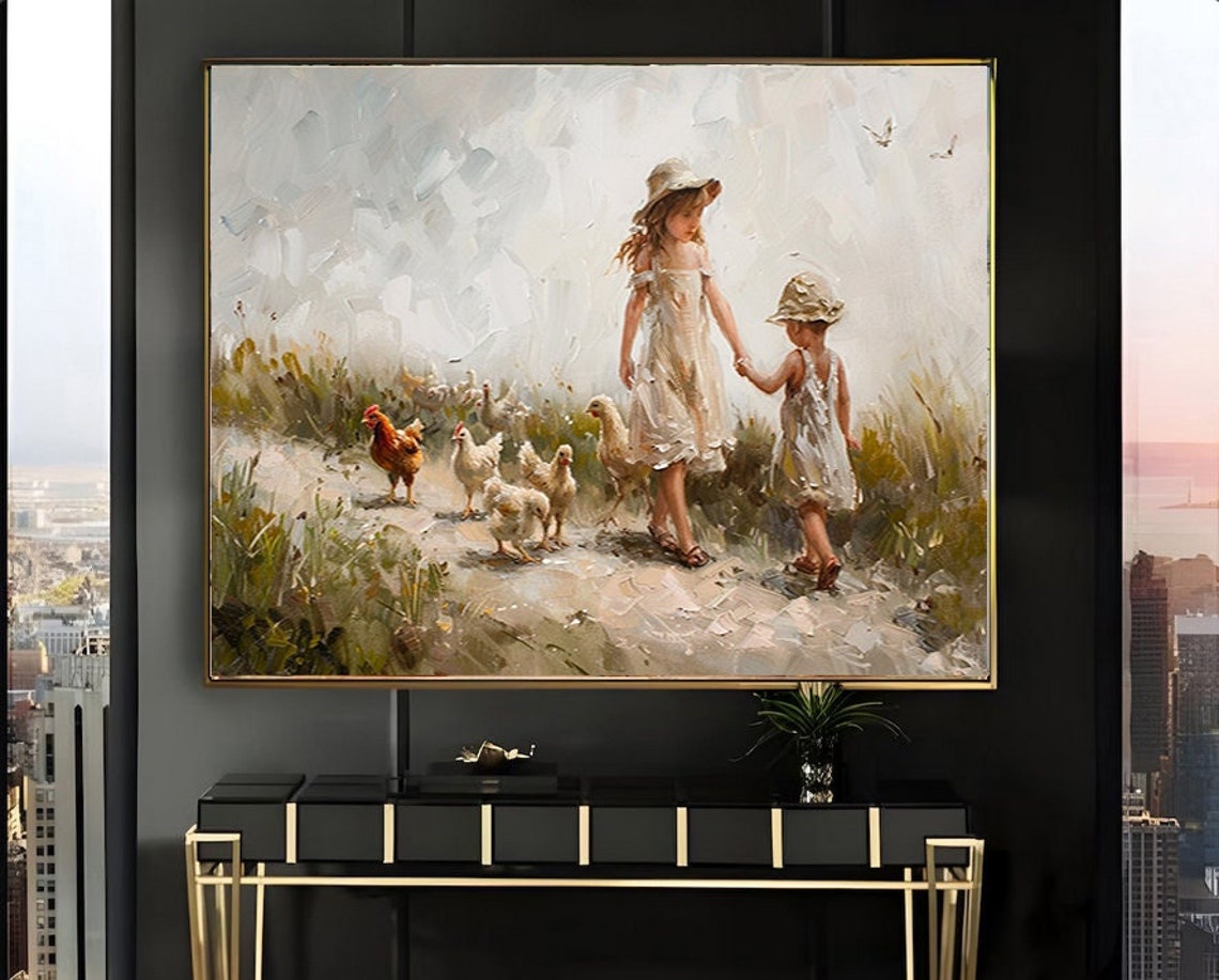 Two Girls in White Dresses with Chickens on Farm Path Poster