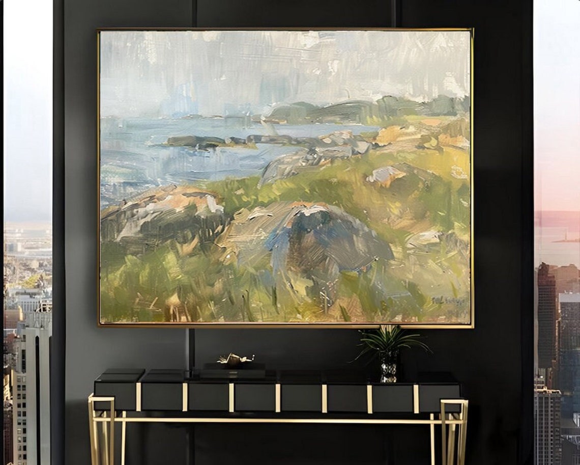 Rocky Coastal Cliffs Green Hillside Calm Sea Vintage Landscape Poster