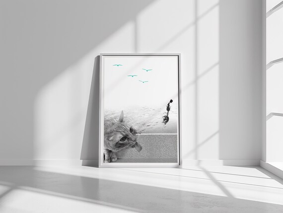 Surreal Funny Cat Collage, Whimsical Animal Gift