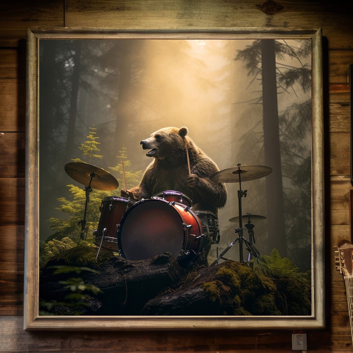 Bear Playing Drums, Abstract Music Studio Art