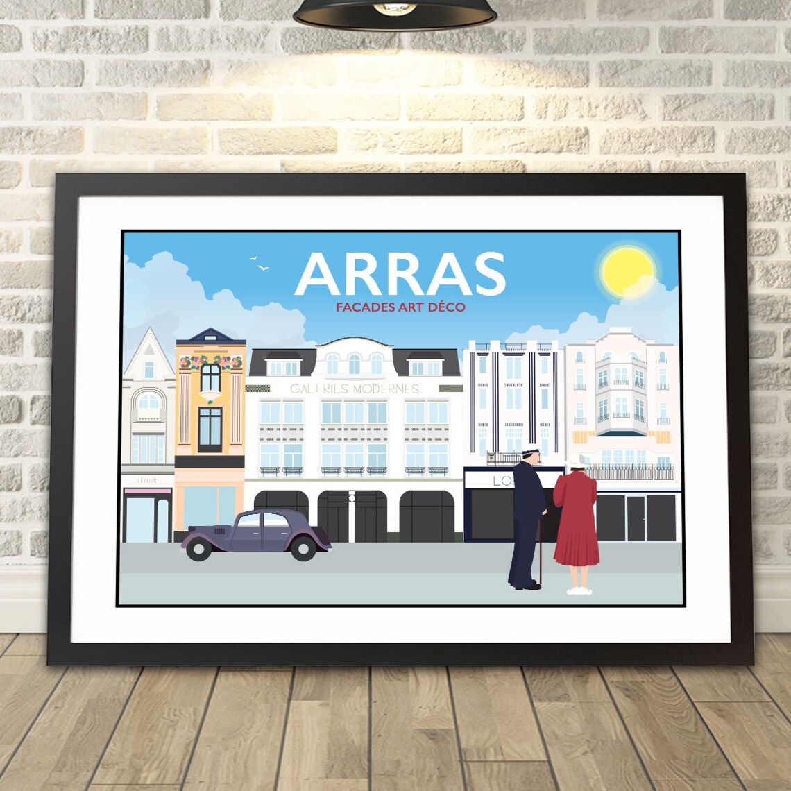 Arras Art Deco Facades Vintage Car Couple Retro French Travel Poster