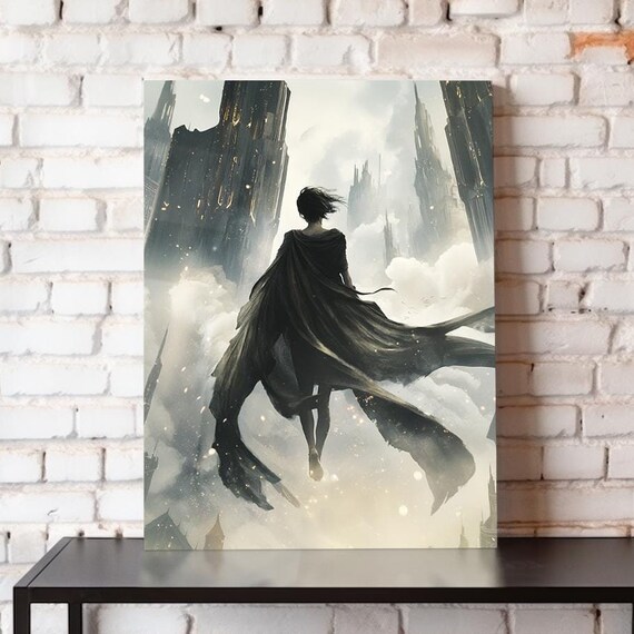 Woman In Flowing Cape Floating Above Misty Spires Dark Fantasy Art Poster