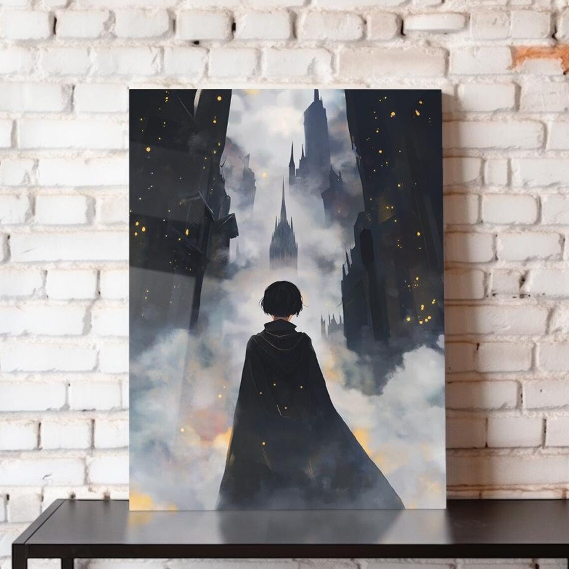 Cloaked Boy Facing Misty Gothic Towers Golden Sparks Fantasy Art Poster