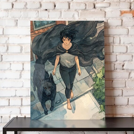 Barefoot Girl With Wolf On Stone Steps Overhead View Watercolor Poster