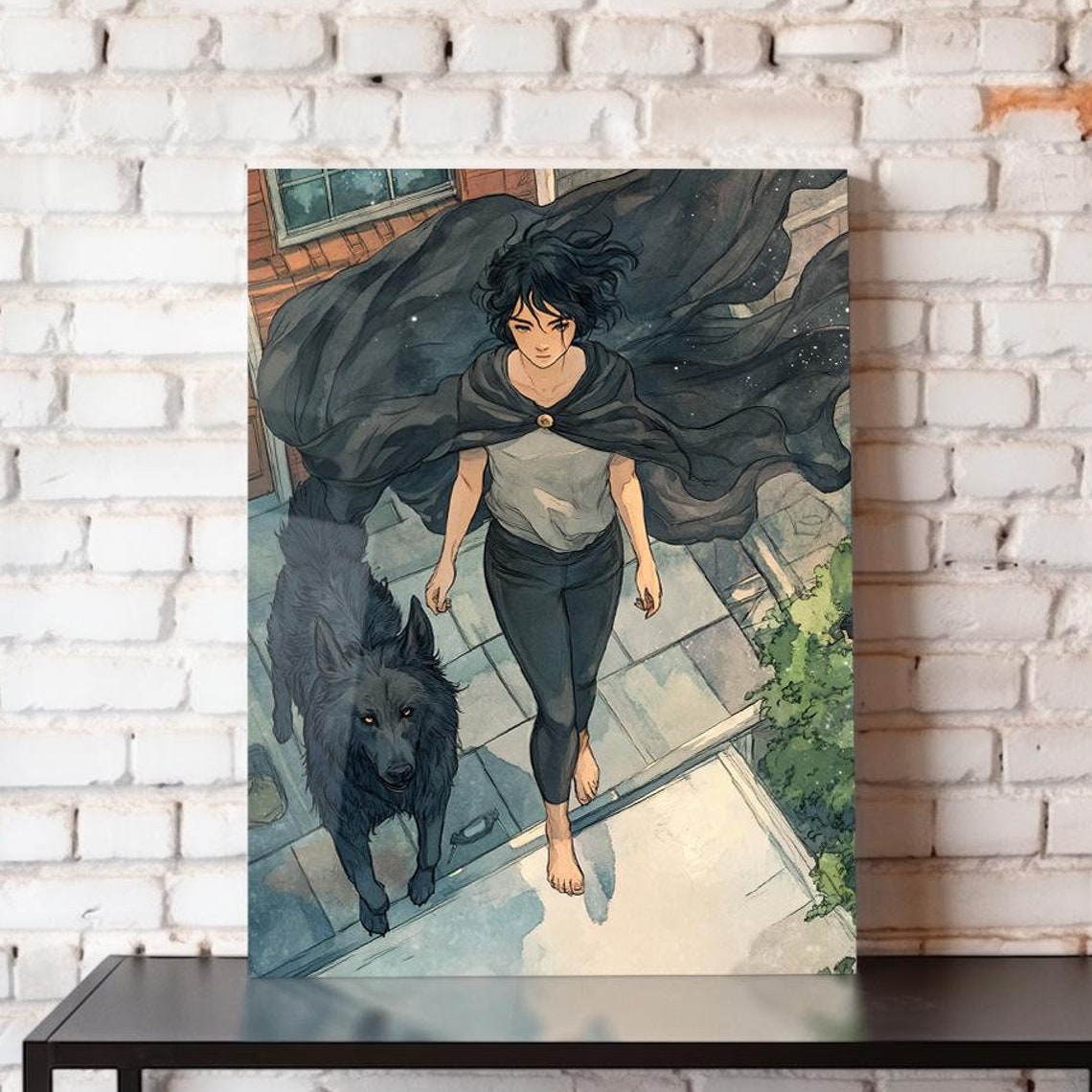Barefoot Girl With Wolf On Stone Steps Overhead View Watercolor Poster