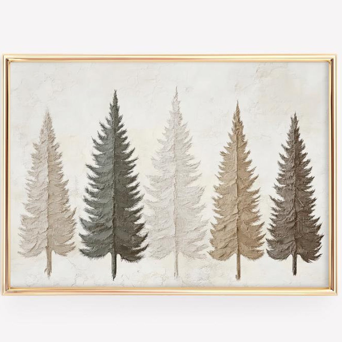 Five Tall Pine Trees In Soft Muted Neutral Beige Tones Wall Art