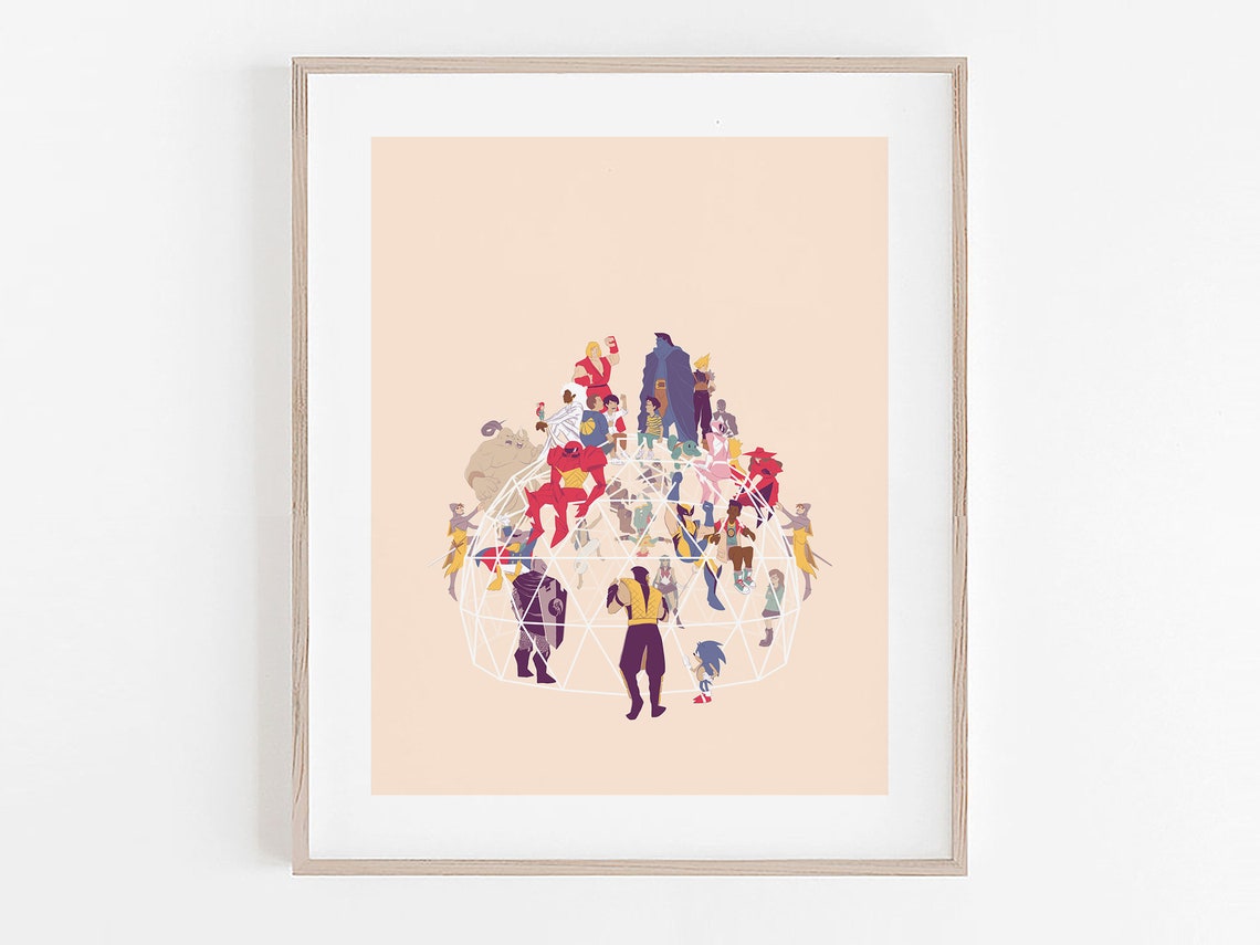90s Nostalgia Geodesic Dome Retro Cartoon Characters Giclee Art Poster