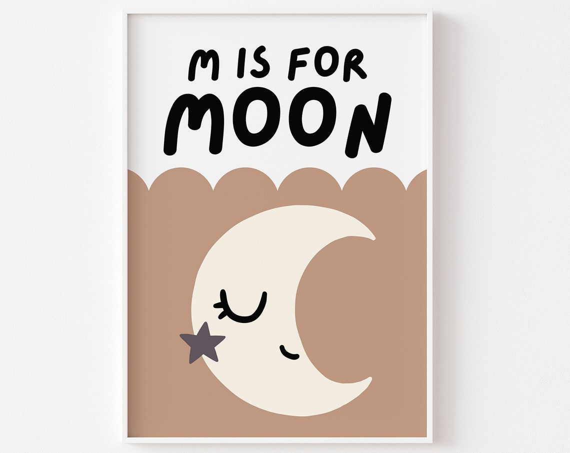 M Is For Moon Boho Nursery Sleeping Crescent Moon Star Kids Poster