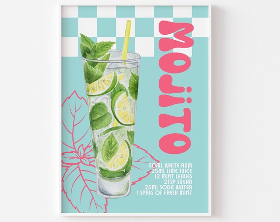 Mojito Retro Cocktail Recipe Mint Lime Teal Checkerboard Poster