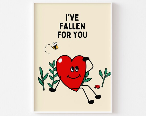 Cute Retro Love Heart Print Ive Fallen For You Heart Character Love Romance Bedroom Poster Trendy Preppy Funky 90s Y2k Aesthetic
