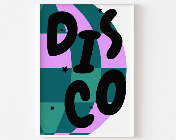 Disco Print Disco Ball Retro Disco Groovy Funky Bright Green And Purple 1970s 1960s Retro Disco Ball Trendy Disco Typography Poster