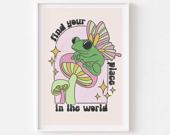 Funky Pastel Frog and Mushroom Poster, Y2K Retro Decor