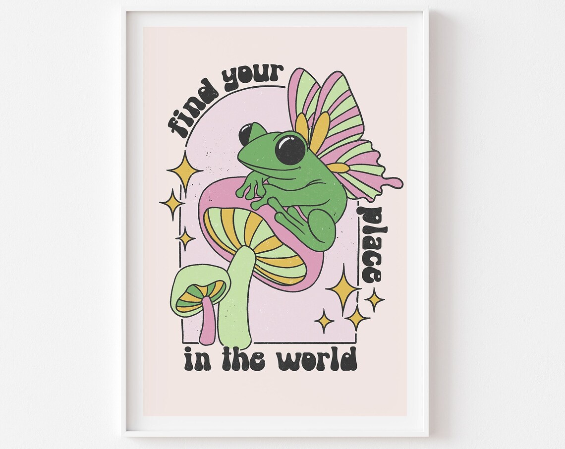 Funky Pastel Frog and Mushroom Poster, Y2K Retro Decor