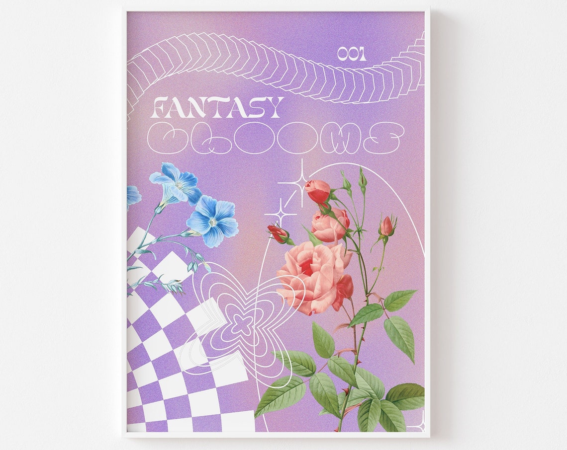Fantasy Blooms 001 Purple Gradient Pink Rose Y2k Collage Art Poster