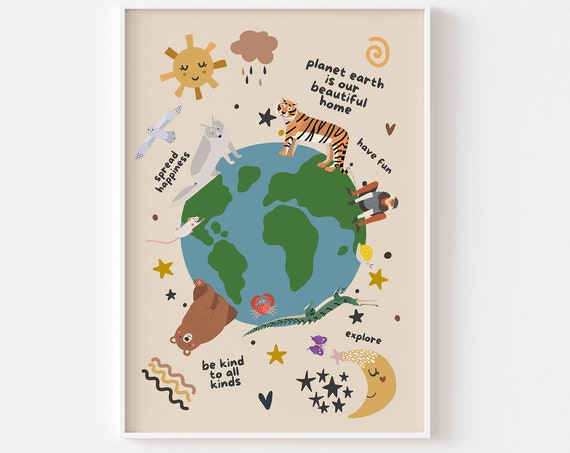 Animals Planet Earth Kids Art Print, Boho Nursery