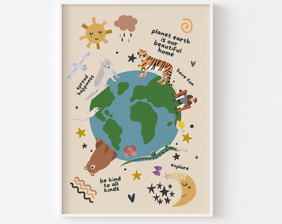 Animals Planet Earth Kids Art Print, Boho Nursery