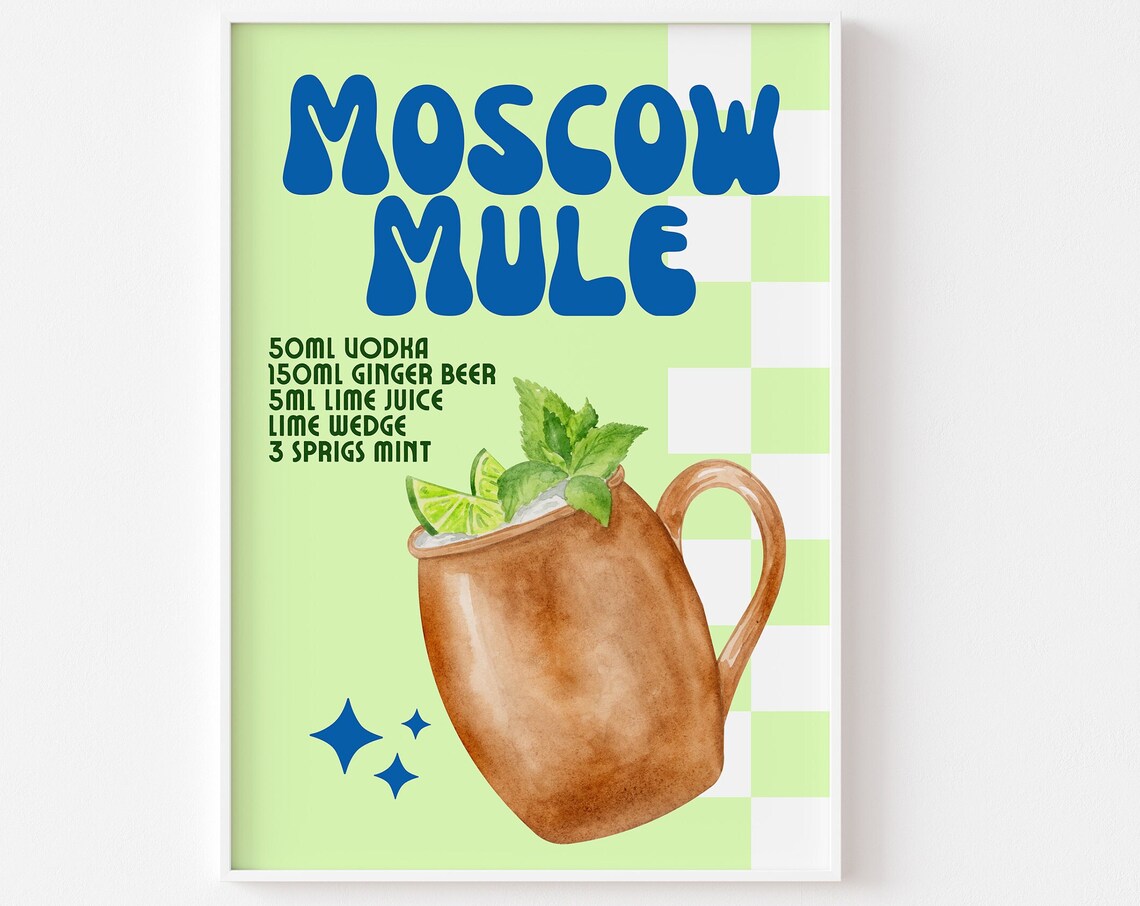 Moscow Mule Cocktail Recipe Retro Kitchen Bar Cart Drink Poster