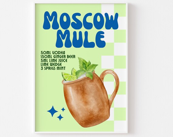 Moscow Mule Cocktail Recipe Retro Kitchen Bar Cart Drink Poster