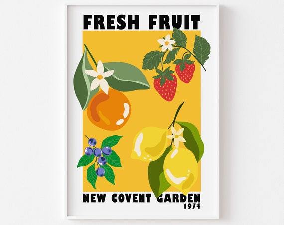 Fruit Market New Covent Garden Print Yellow Colourful Retro Art Groovy Kitchen 1970s Bright Bold London On Trend Poster