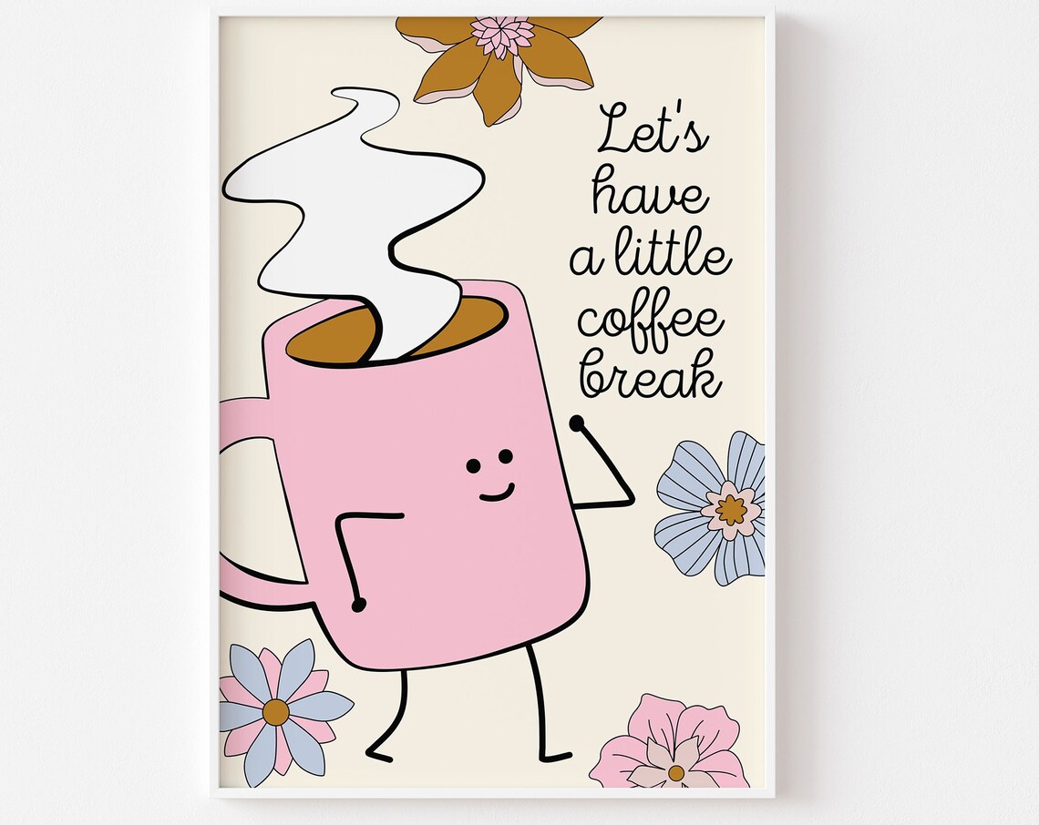 Cute Character Coffee Break Print, Retro Kitchen Decor