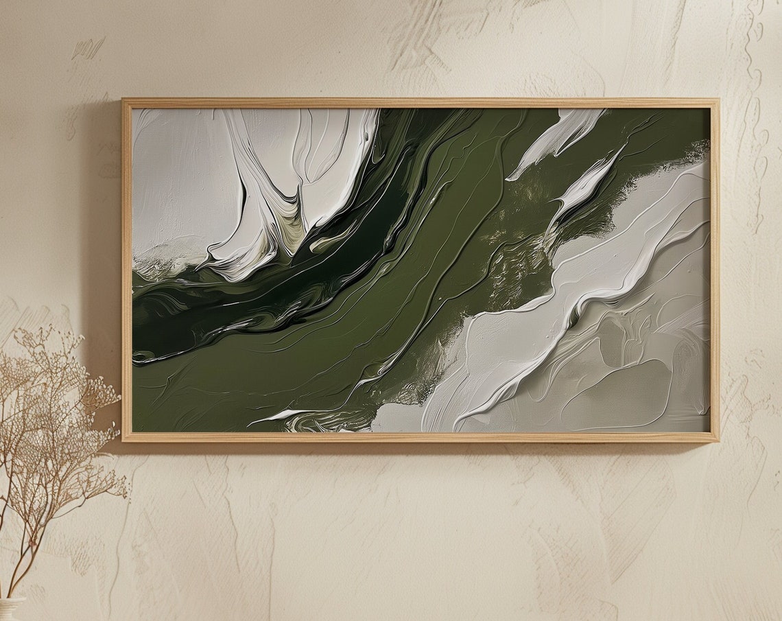 Olive Green White Abstract Fluid Texture Modern Painting Poster