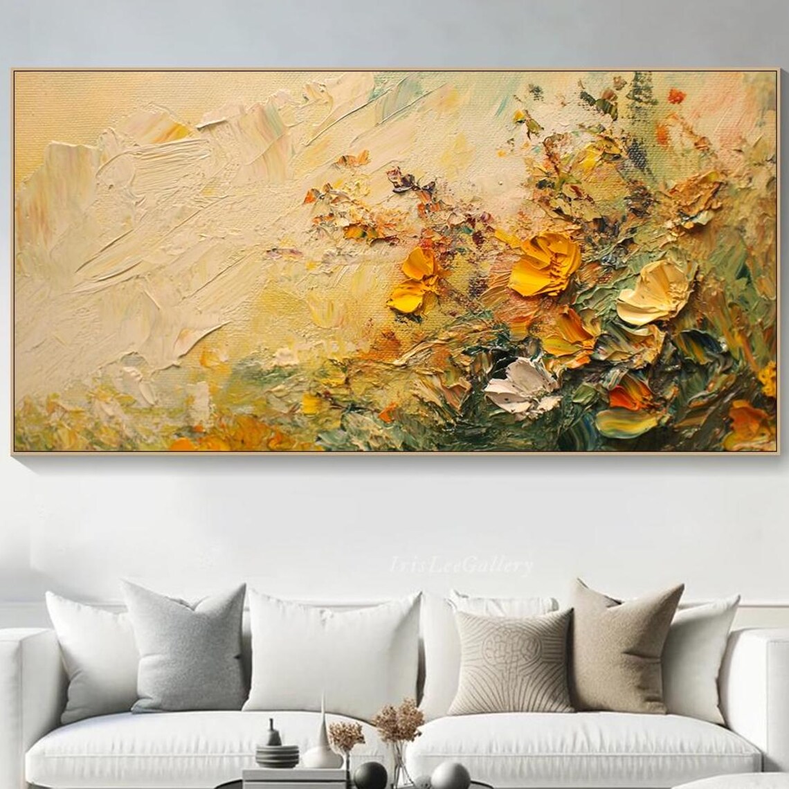 Golden Yellow Orange Blossom Boho Abstract Floral Painting Wall Art