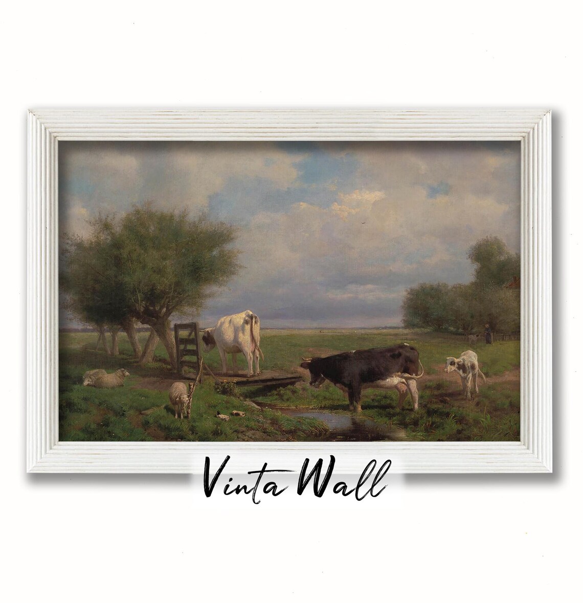 Cows and Calf Drinking at Pasture Stream Vintage Farm Animal Oil Painting Poster - Image 3