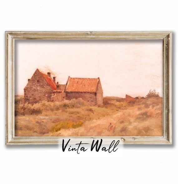 Rustic Stone Farmhouse in Golden Field Vintage Rural Painting Poster
