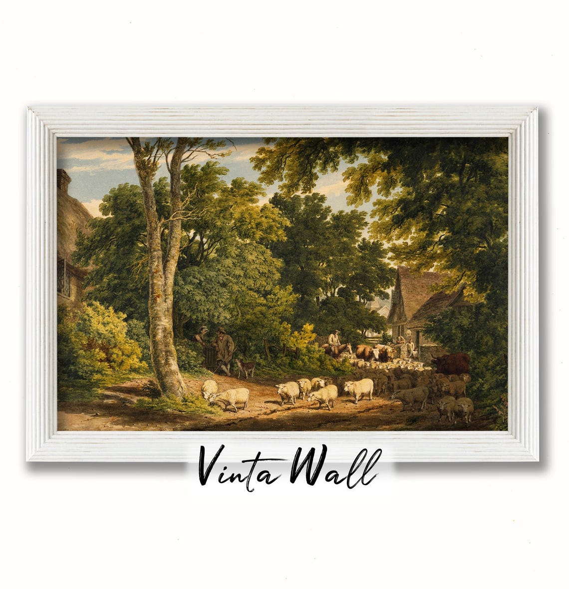Sheep Flock Village Drive Green Trees Vintage Pastoral Scene Poster - Image 3