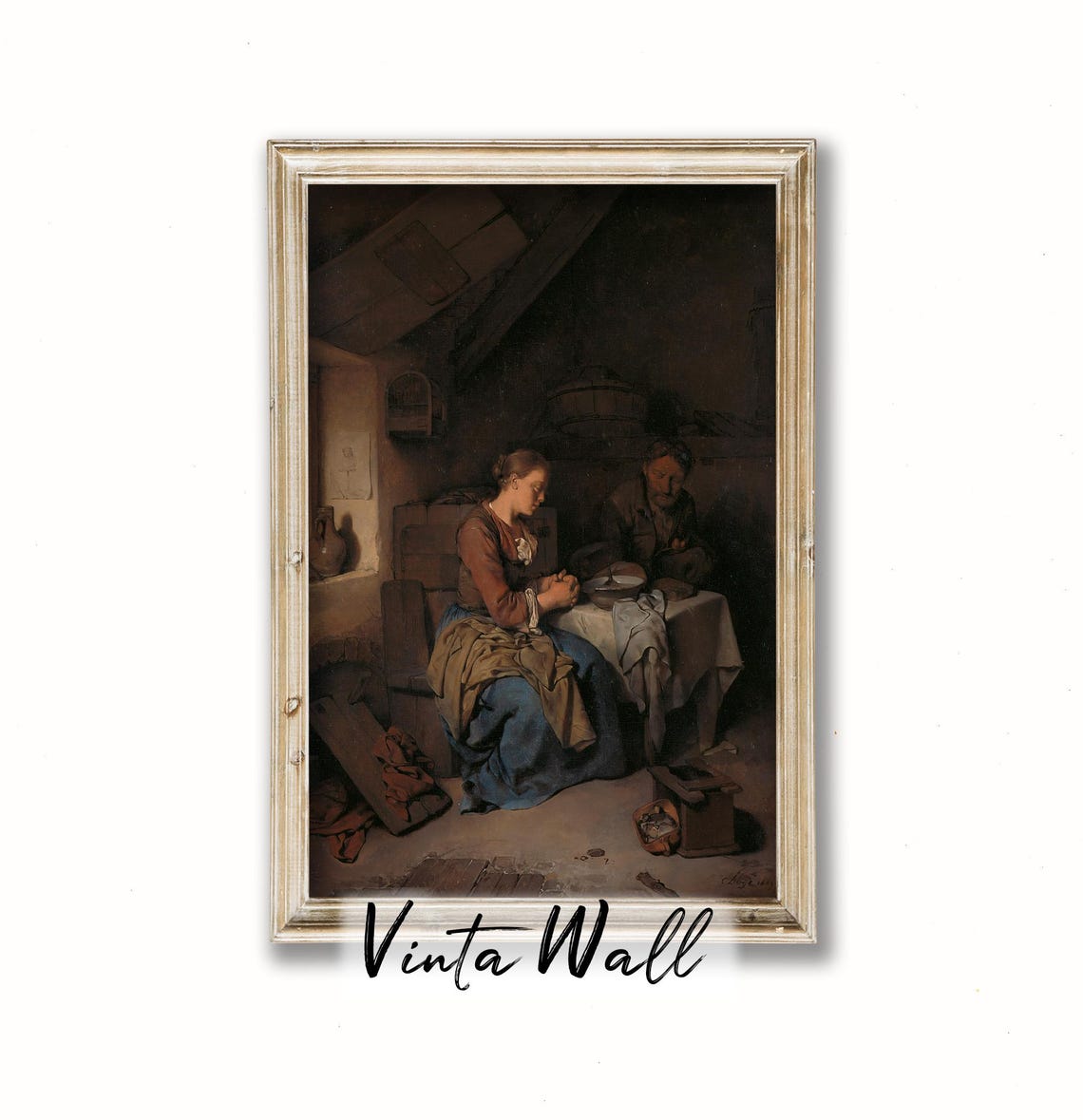 Portrait Woman Man Oil Painting Farmhouse Dark Academia Peasant Poor Interior Home Vintage Print Black Art Country Wall Antique