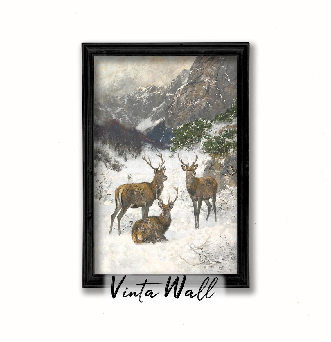 Red Deer Stags Snowy Mountain Vintage Wildlife Winter Art Poster - Image 3