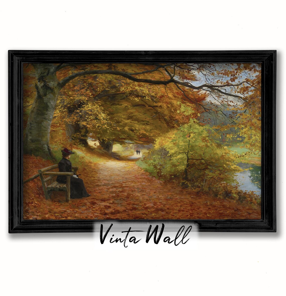 Victorian Lady Resting on Autumn Park Bench Vintage Painting Print - Image 3