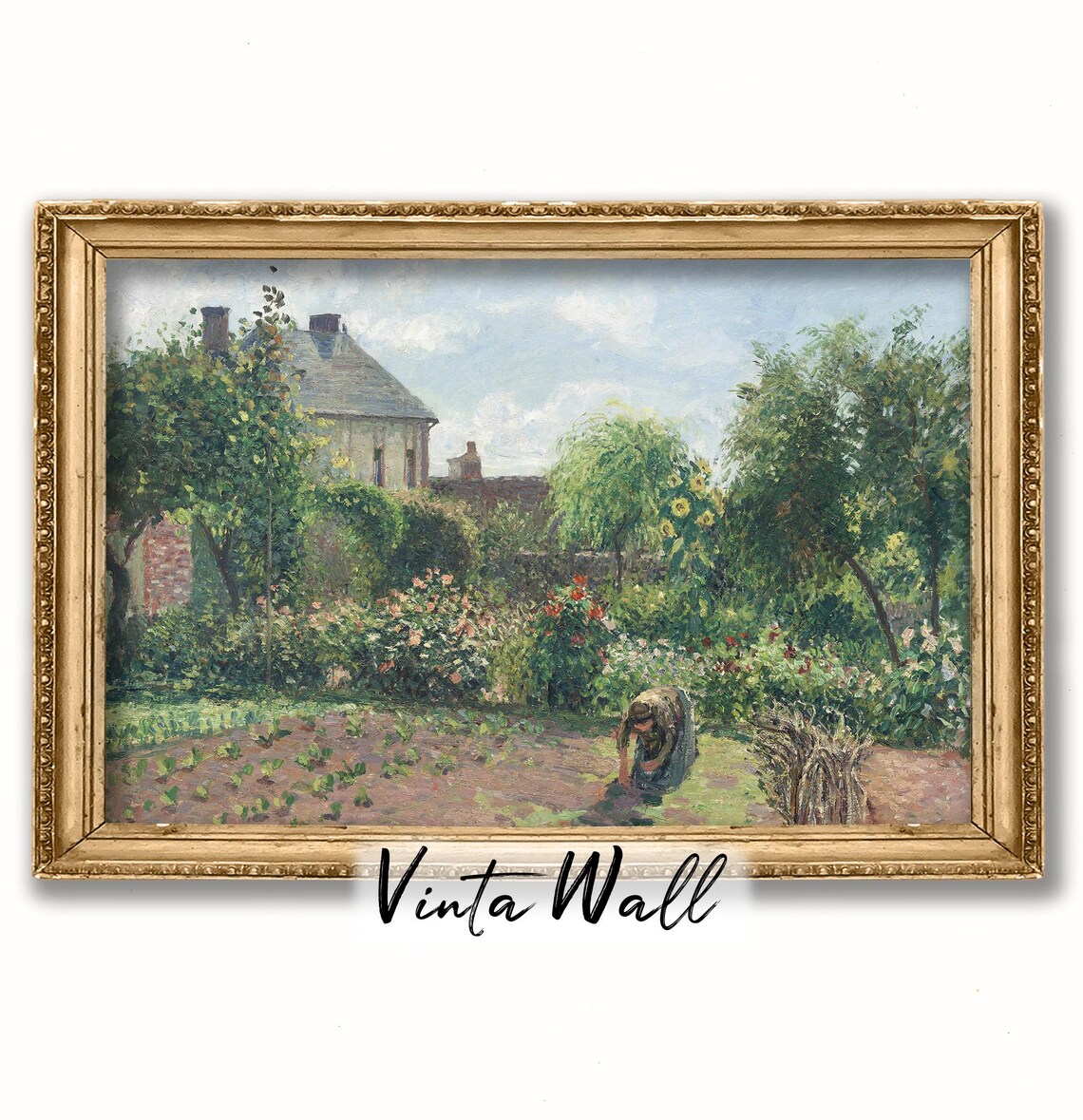 Woman Gardening in a Lush Cottage Garden Impressionist Vintage Poster - Image 4