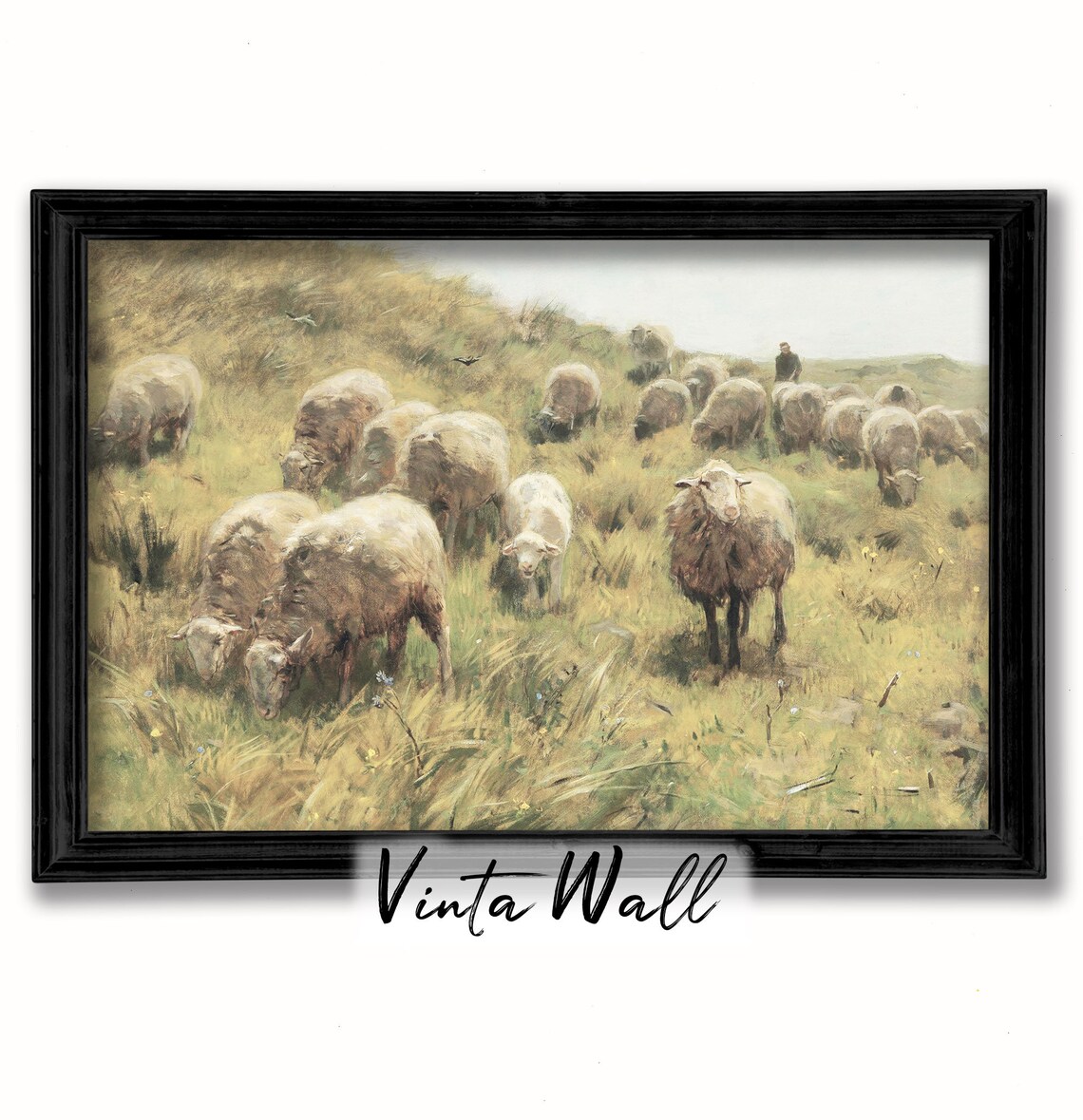 Sheep Flock Golden Meadow Vintage Oil Painting Rustic Farm Poster - Image 2