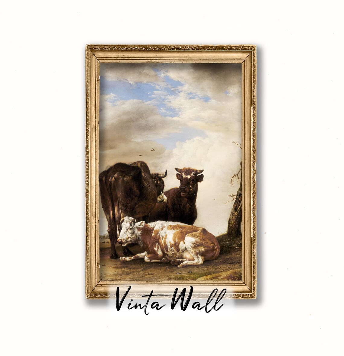Three Cows Resting Under Cloudy Sky Vintage Farm Animal Painting Poster - Image 4