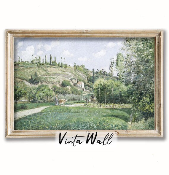 Woman Leading Cow Green Hillside Vintage Country Scene Poster