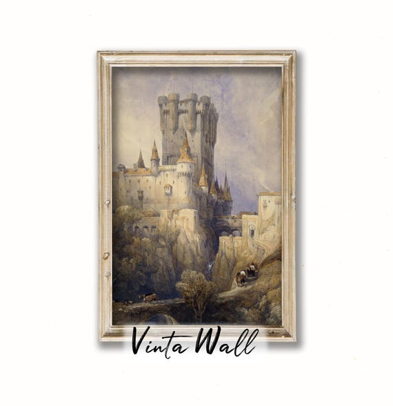 Castle Soft Colours Watercolour Painting Print Vintage Landscape Farmhouse Forest Country Tower Bridge Muted Art Wall Antique