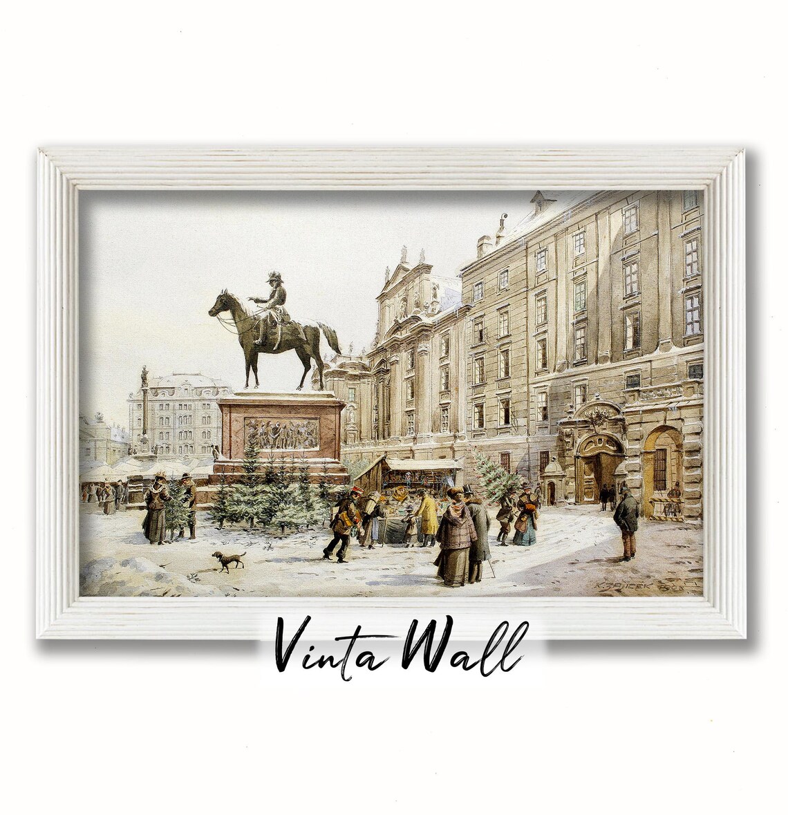 Snowy City Square Equestrian Statue Vintage Christmas Tree Poster - Image 4