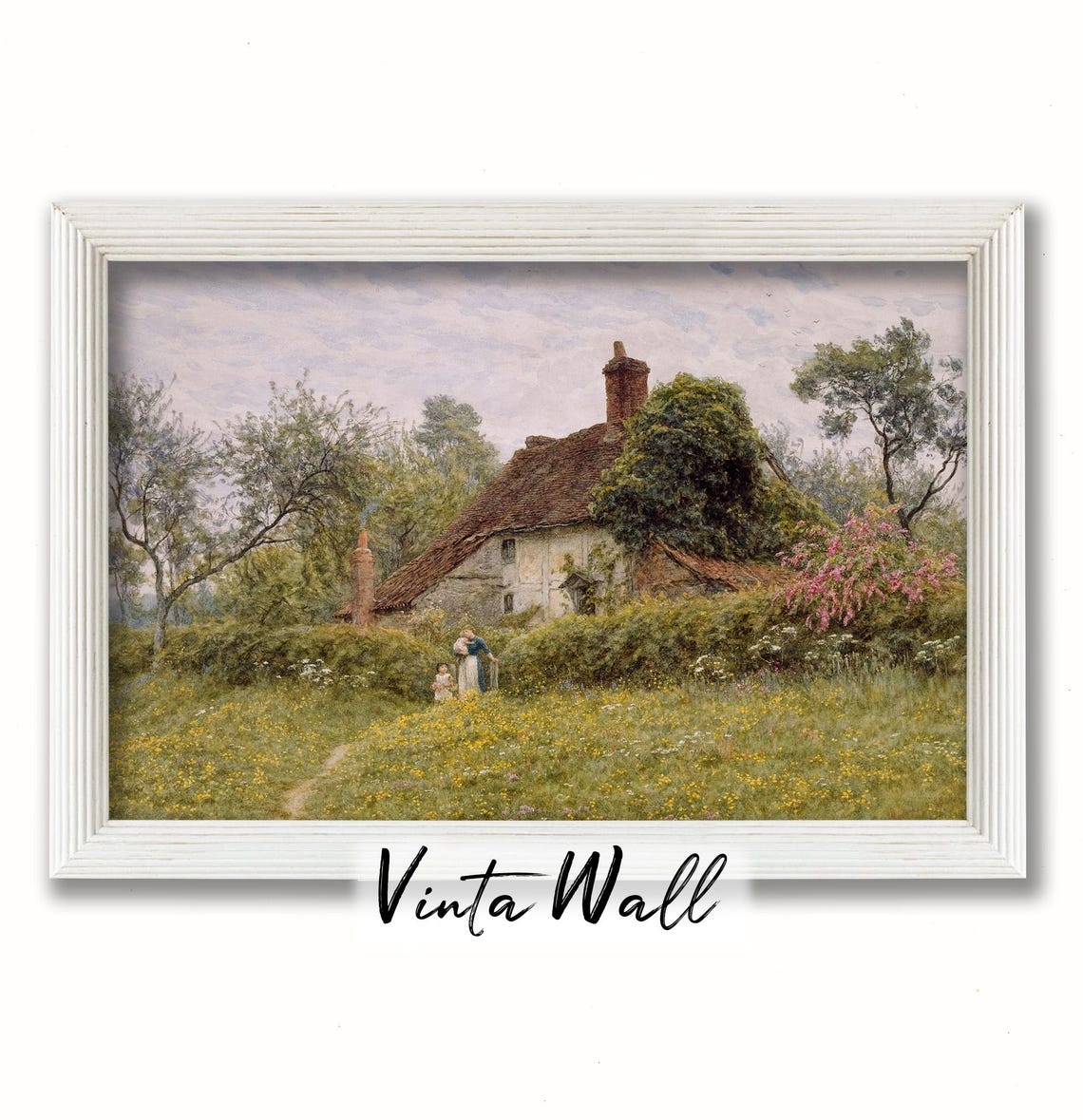 Cottage Hut Oil Painting Hills Soft Green Print Woman Child Farmhouse Country Meadow Muted Colours Landscape Art Spring Wall Decor - Image 2