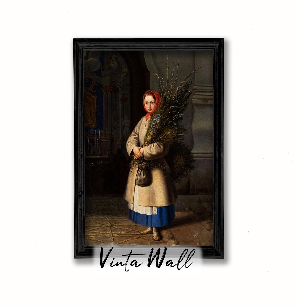 Peasant Girl Red Headscarf Bundle Twigs Church Porch Vintage Poster - Image 2