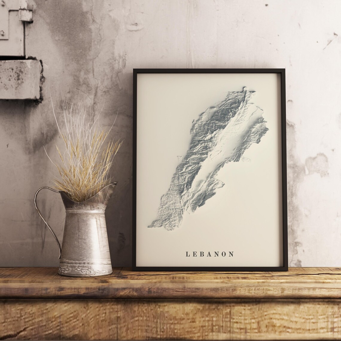 Modern Minimalist Lebanon Monochrome Terrain Relief Map Wall Art - Image 2