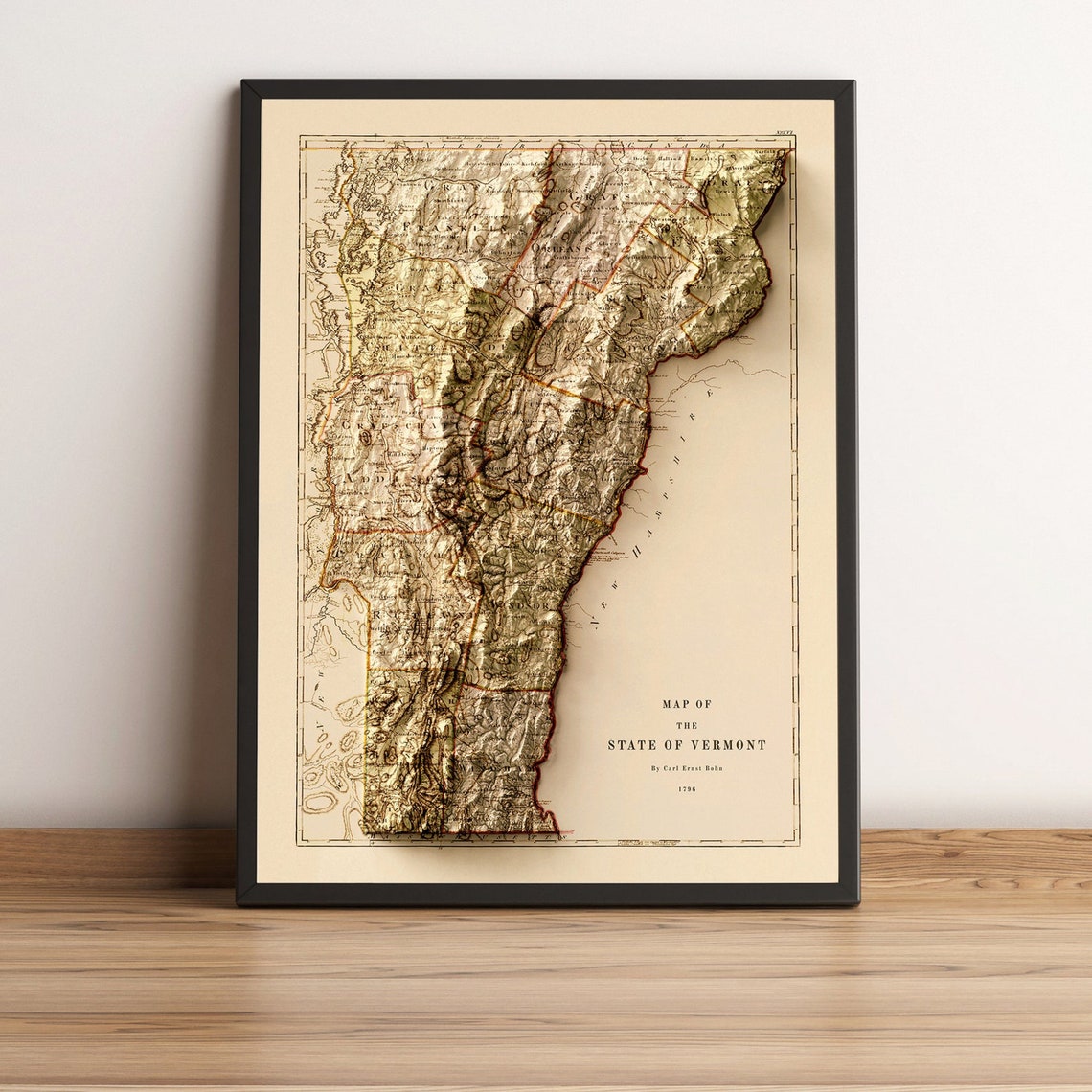 Old Vermont 1796 Antique Relief Map By Carl Ernst Bohn Wall Art - Image 3